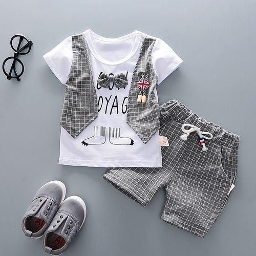 Boys Gentleman Short Sleeve Top  Plaid Shorts  Grey