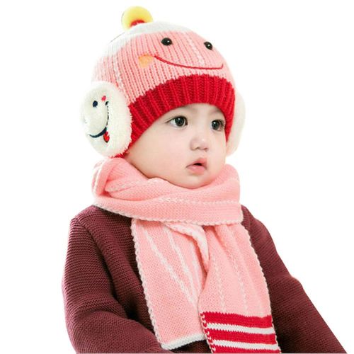 Baby Boys Girls Knitted Hat + Scarf Smile Face Winter Warm Beanie Cap Hats Scarf Set New,Pink NO5114