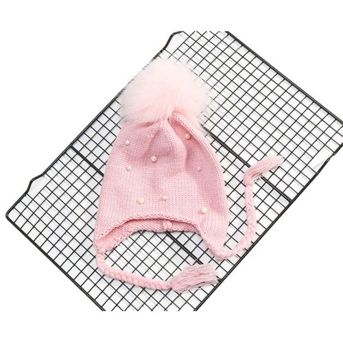 Autumn Winter Baby Boy Girls Hat Hair Ball Earbud Crochet Winter Warm Hats Babies Kids Knit Hats Cap New,Pink NO5116