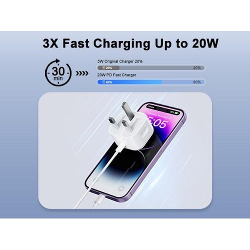Apple iPhone Fast Charger Cable and Plug, 20W USB C Charger Plug with 1M Fast Charger Cable iPhone Compatible with iPhone 14/12/13/11/X/8, Pad