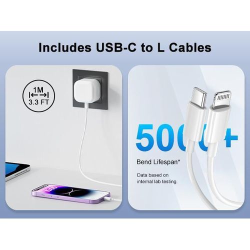 Apple iPhone Fast Charger Cable and Plug, 20W USB C Charger Plug with 1M Fast Charger Cable iPhone Compatible with iPhone 14/12/13/11/X/8, Pad