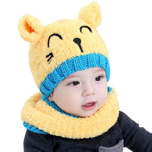 2pcs Set Children Kids Hat Scarf Neckerchief Warm Cat Fashion Cute For Winter New,Yellow NO5114