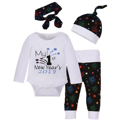 4 PCS Baby Outfit Print Jumpsuit Pants Hat Headwear Clothes Set for Infant Unisex New,70 NO5116