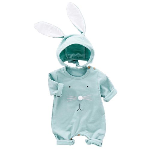 Baby Jumpsuits Cotton Breathable Long Sleeve Rabbit Print Jumpsuit with Rabbit Ears Hat New,80 NO5114