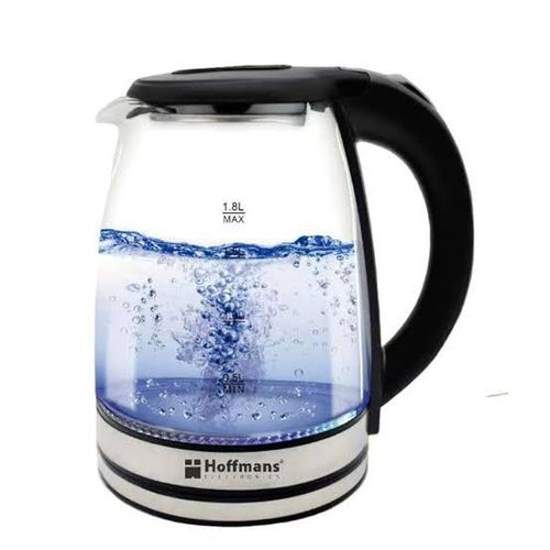 Hoffmans 2L Glass Electric Kettle With LED Blue Light- Silver, Black.