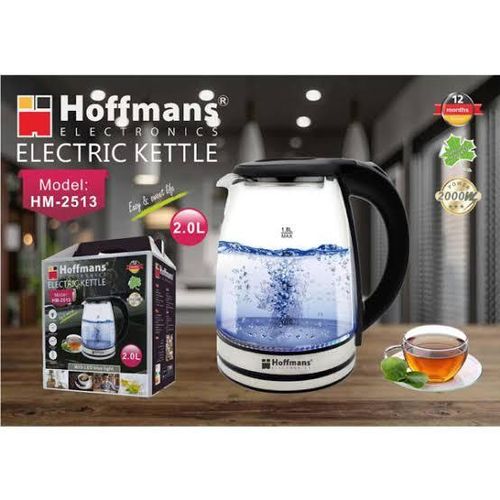 Hoffmans 2L Glass Electric Kettle With LED Blue Light- Silver, Black.