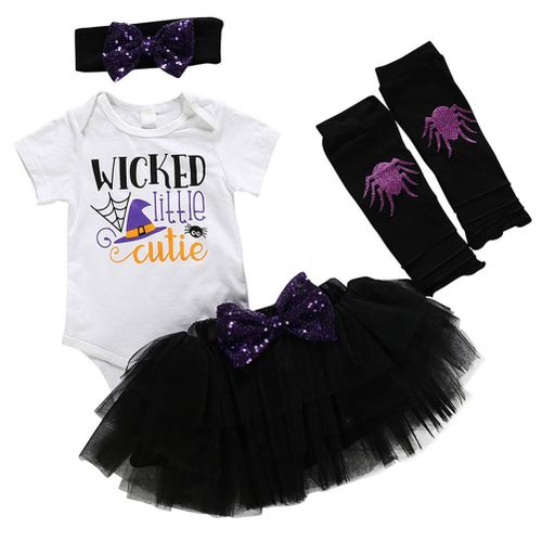 4 PCS Baby Girls Halloween Outfit Jumpsuit Skirt Leg Warmers Headband Clothes Set New,A NO5116