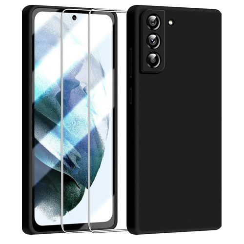Samsung Galaxy S21 Luxury Soft Rubber Liquid Silicone Skin Touch Feel Cover Case With Full Glue Screen Protector Black