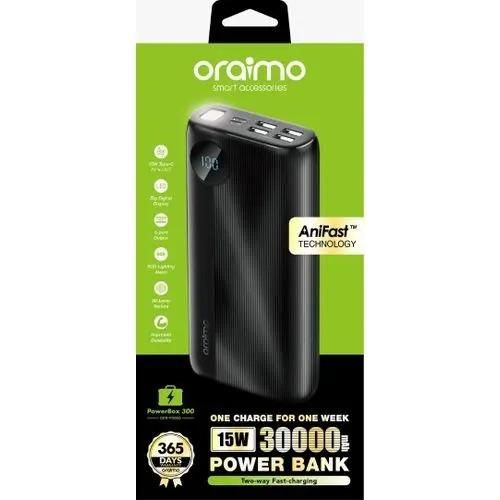 Oraimo Fast-Charging 30,000mAh Power Bank, Ultra-Slim - Smart LED Display, Multiple Device Compatibility.