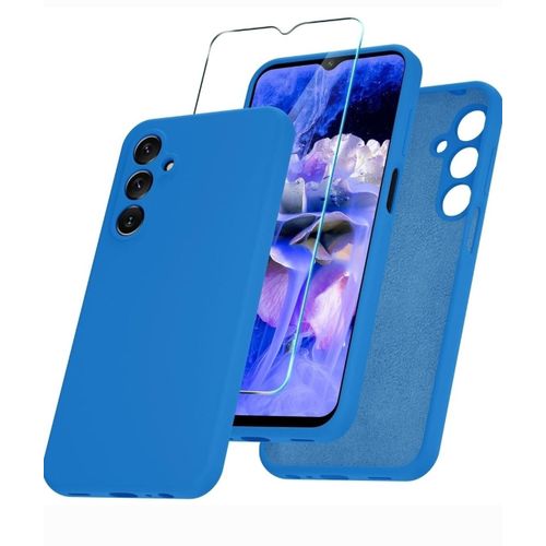 Samsung Galaxy A15 5G Luxury Soft Rubber Liquid Silicone Skin Touch Feel Cover Case With Screen Protector Blue