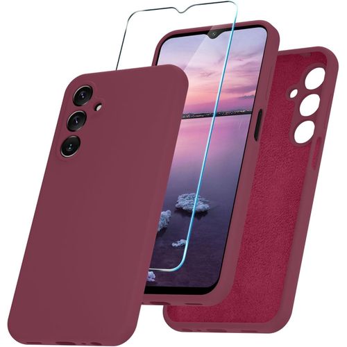 Samsung Galaxy A15 5G Luxury Soft Rubber Liquid Silicone Skin Touch Feel Cover Case With Screen Protector Maroon