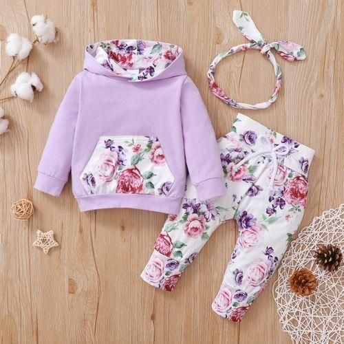 Baby Girls Long Sleeves Rose Floral Hoodie With Pants Purple