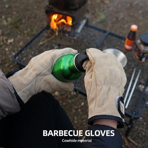Camping Gloves Cowhide Leather Gloves Heat/Fire Resistant Mittens Outdoor Warm Gloves For BBQ Oven Fireplace NO5124