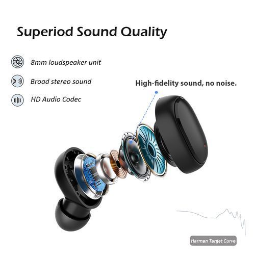 IOOIOO Wireless Bluetooth Earphones Headphones HiFi Stereo In Ear With Mic, USB-C Charging Case, IP4 Waterproof Headset For Sports - Black
