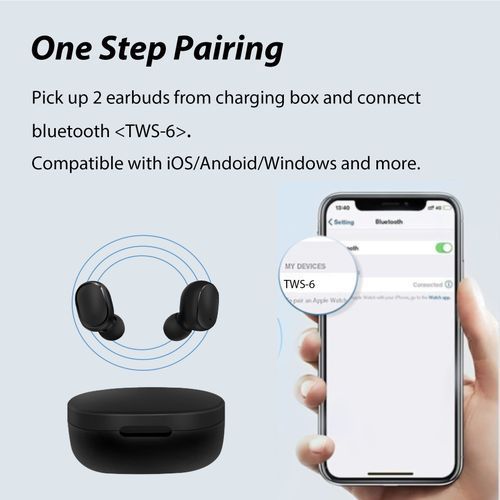 IOOIOO Wireless Bluetooth Earphones Headphones HiFi Stereo In Ear With Mic, USB-C Charging Case, IP4 Waterproof Headset For Sports - Black