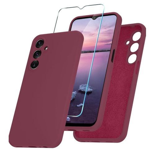 Samsung Galaxy A25 Soft Rubber Liquid Silicone Case Cover With Screen Protector Glass Maroon