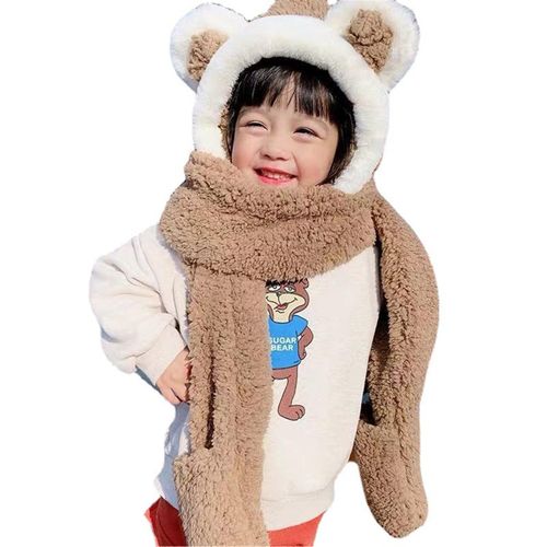 Kids Boys Girls 3 in 1 Warm Plush Fluffy Cartoon Winter Hats Scarf Mitten Gloves Set Winter Supply Adorable,Khaki NO5148