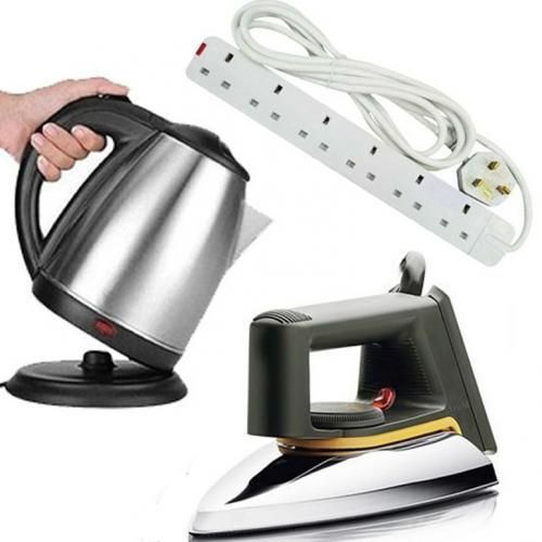 Bundle Of Flat Iron Kettle,2 Litre & 6 Way Cable - Silver
