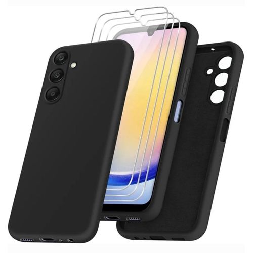 Samsung Galaxy A25 Soft Rubber Liquid Silicone Case Cover With Screen Protector Glass Black