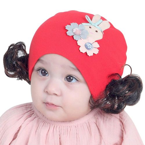 New Spring Autumn Newborn Cotton Wig Hat Cute Cartoon Rabbit Flowers Beanies Infant Earflaps Cap For 3-12 Months Baby,Red NO5111