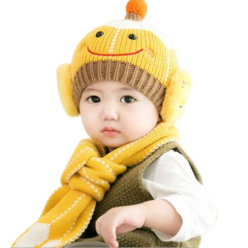 Baby Boys Girls Knitted Hat + Scarf Smile Face Winter Warm Beanie Cap Hats Scarf Set New,Yellow NO5111