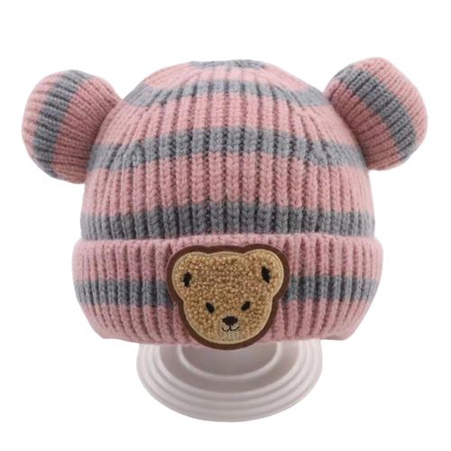 Kids Winter Warm Hats Striped Print Beanies Winter Bear Ears Skull Cap Hat for Ages 0-3 Toddler Boys Girls,Pink NO5112