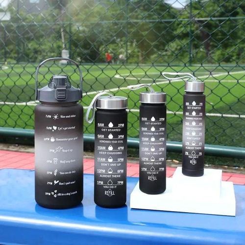 4 Pcs In 1 2L Direct Drinking Plastic Sport Fitness Motivational Water Bottles Black