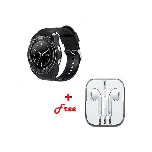 Round Screen SIM Card Smart Watch + Free Earphone Color May Vary - Black