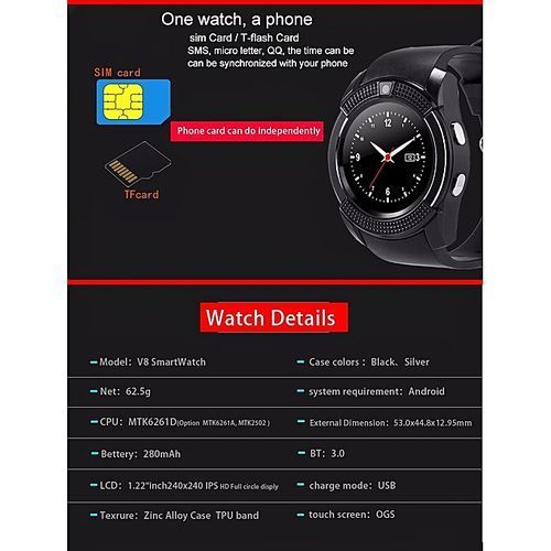 Round Screen SIM Card Smart Watch + Free Earphone Color May Vary - Black
