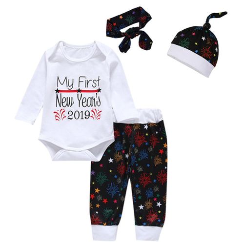 4 PCS Baby Outfit Print Jumpsuit Pants Hat Headwear Clothes Set for Infant Unisex New,80 NO5112