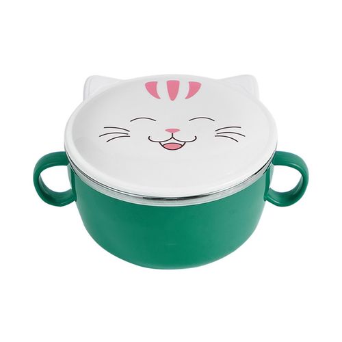 Cute Cat with Lid Instant Noodle Bowl Household Stainless Steel Dining Bowl for Dormitory Office,Green NO5148