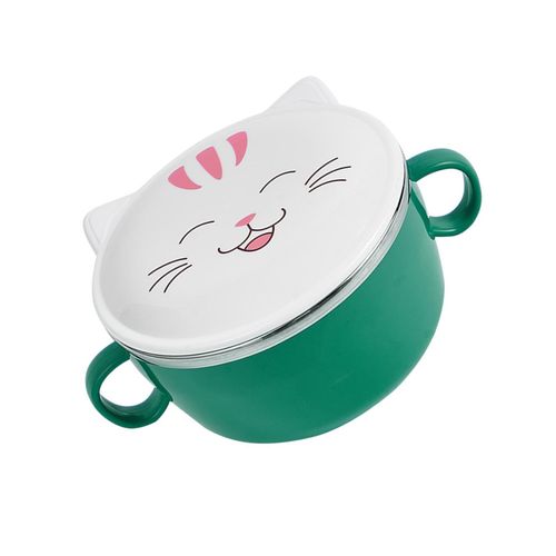 Cute Cat with Lid Instant Noodle Bowl Household Stainless Steel Dining Bowl for Dormitory Office,Green NO5148