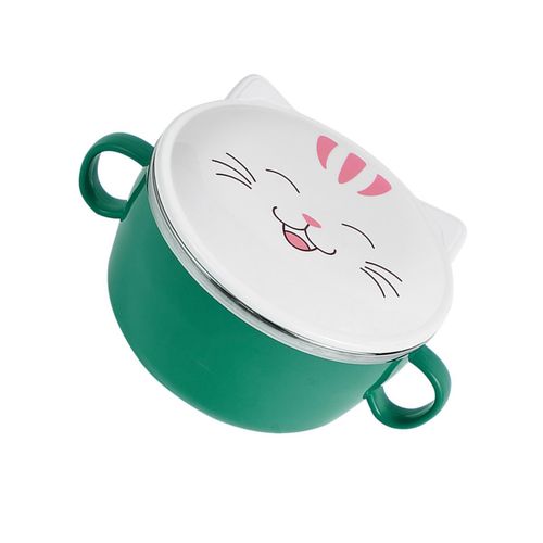 Cute Cat with Lid Instant Noodle Bowl Household Stainless Steel Dining Bowl for Dormitory Office,Green NO5148