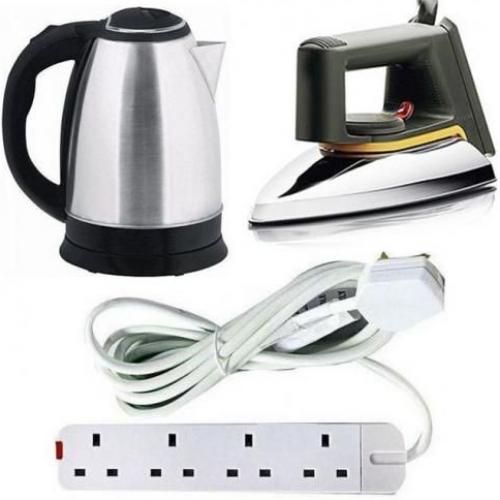 Bundle Of Flat Iron 2L Kettle & 4 Way Extension Cable-Silver