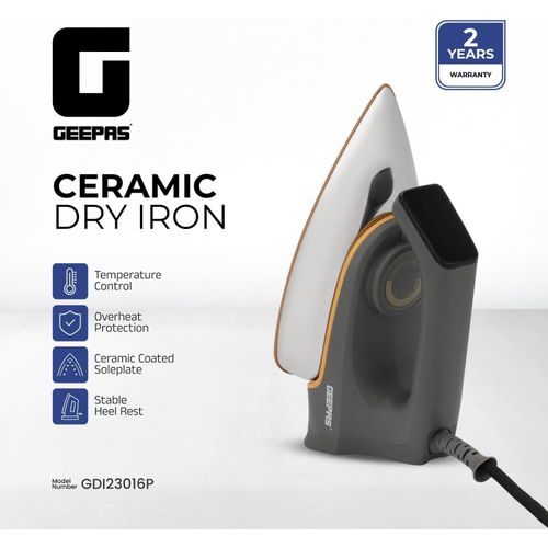 Geepas Dry Iron With Non-Stick Coating Plate - Silver
