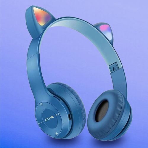 Cute Cat Ear Bluetooth 5.0 Wireless LED Earphones With Microphone Noise Cancelling Stereo Music Foldable Earphones In Blue
