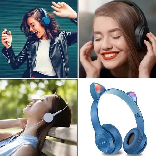 Cute Cat Ear Bluetooth 5.0 Wireless LED Earphones With Microphone Noise Cancelling Stereo Music Foldable Earphones In Blue