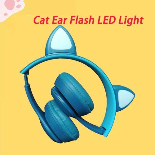 Cute Cat Ear Bluetooth 5.0 Wireless LED Earphones With Microphone Noise Cancelling Stereo Music Foldable Earphones In Blue