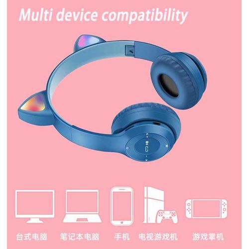 Cute Cat Ear Bluetooth 5.0 Wireless LED Earphones With Microphone Noise Cancelling Stereo Music Foldable Earphones In Blue