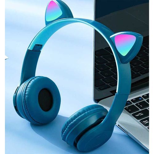 Cute Cat Ear Bluetooth 5.0 Wireless LED Earphones With Microphone Noise Cancelling Stereo Music Foldable Earphones In Blue
