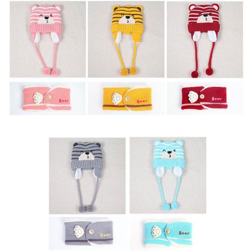 Baby Kid Winter Knitted Earmuffs Beanie Cap Scarf Set Children Cartoon Bear Hat New NO5271
