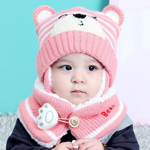 Baby Kid Winter Knitted Earmuffs Beanie Cap Scarf Set Children Cartoon Bear Hat New NO5271