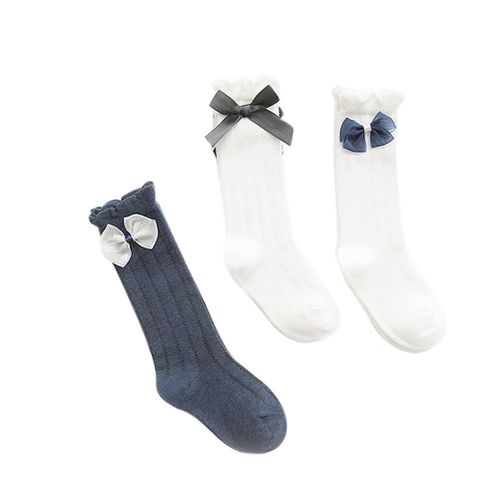 3 Pair Children Tube Socks Knee High Sock Bowknot Decor Girl Over Calf Tube Socks New,S NO5114