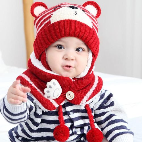Baby Kid Winter Knitted Earmuffs Beanie Cap Scarf Set Children Cartoon Bear Hat New NO5273