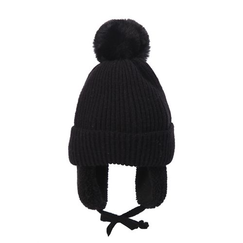 Winter Kids Hat with Plush Ear Flap Knitting Thick Beanie Cap Rib Cuff Pom Lined Warm Hat Gift for Christmas New Year's New,Black NO5112