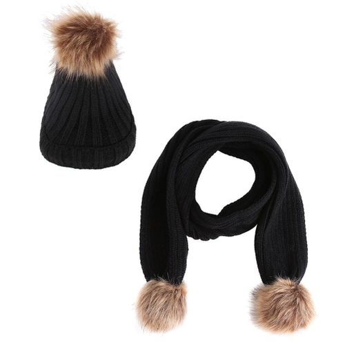1 Set Children Kids Hat Cap Scarf Knitting Big Plush Ball Warm for Autumn Winter New,Black NO5114