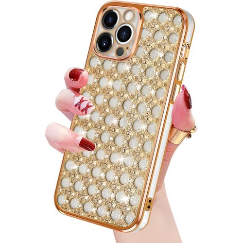 iPhone X, XR, 7, 11, 12, 13 Pro Max Cute Case for Women Girls, Luxury Crystal Shiny Bling 3D Diamond Jewelry Rhinestone Slim Soft TPU Bumper Protective Sparkly Cover  Case Clear-Gold