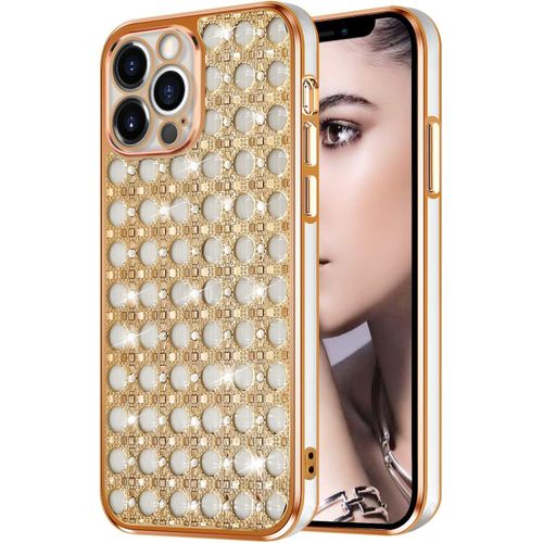 iPhone X, XR, 7, 11, 12, 13 Pro Max Cute Case for Women Girls, Luxury Crystal Shiny Bling 3D Diamond Jewelry Rhinestone Slim Soft TPU Bumper Protective Sparkly Cover  Case Clear-Gold