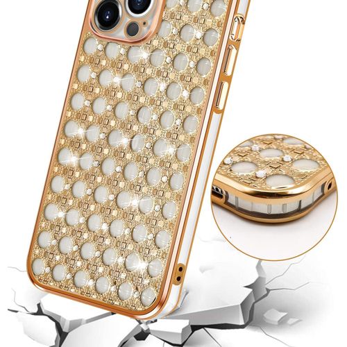 iPhone X, XR, 7, 11, 12, 13 Pro Max Cute Case for Women Girls, Luxury Crystal Shiny Bling 3D Diamond Jewelry Rhinestone Slim Soft TPU Bumper Protective Sparkly Cover  Case Clear-Gold