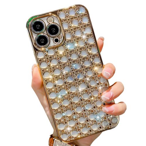 iPhone X, XR, 7, 11, 12, 13 Pro Max Cute Case for Women Girls, Luxury Crystal Shiny Bling 3D Diamond Jewelry Rhinestone Slim Soft TPU Bumper Protective Sparkly Cover  Case Clear-Gold